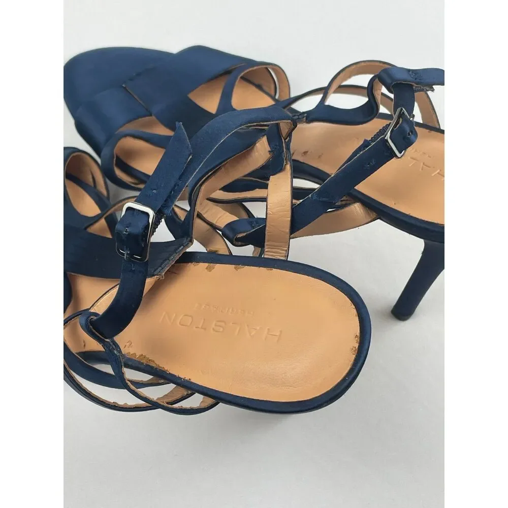 ~ NEW* 10 Halston Heritage Bette Strappy Stiletto Heels Blue Navy Satin Pumps* - Picture 13 of 16